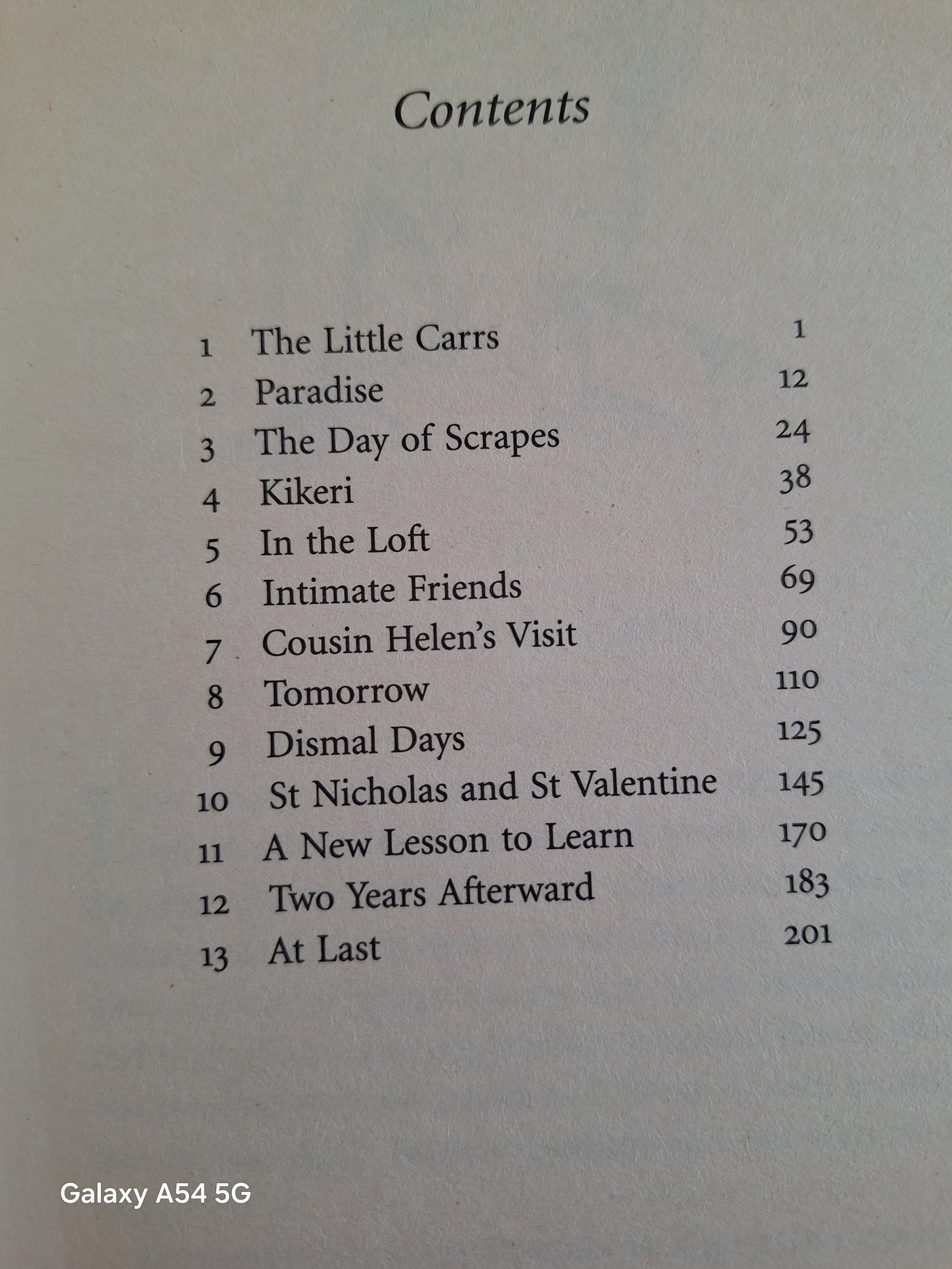 Contents page of What Katy Did second hand book showing chapter titles and page numbers